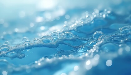 Poster - Abstract blue water with air bubbles. Liquid texture background with flowing waves, macro close-up. Perfect for background, poster, banner, advertising. Artistic art design in trendy colors.