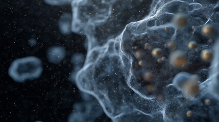Poster - Close-up view of microscopic structure showcasing organic particles in dark space during scientific exploration