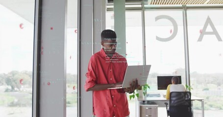 Poster - Developer using laptop starting coding with floating $ signs tracking progress in tech office