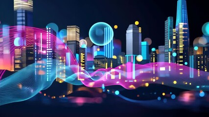 Poster - A stunning display of sound waves interacts with a luminous city skyline at night, showcasing colorful patterns and vibrant lights