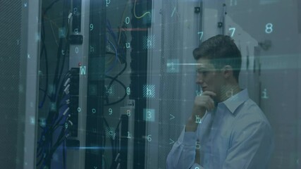 Poster - IT technician touching rack scanning code detecting malware firewall breach revealing cyberattack