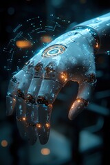 Poster - Futuristic robotic hand with glowing circuits in a dark technology setting