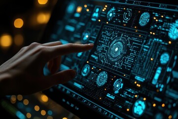 Poster - Close-up of Hand Interacting with Futuristic Touchscreen Interface