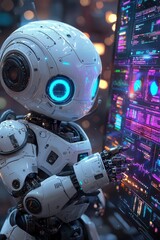 Poster - Futuristic Robot Interacts With a Digital Display in a Technological Setting