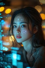 Poster - Portrait of a woman with glowing face in a futuristic setting