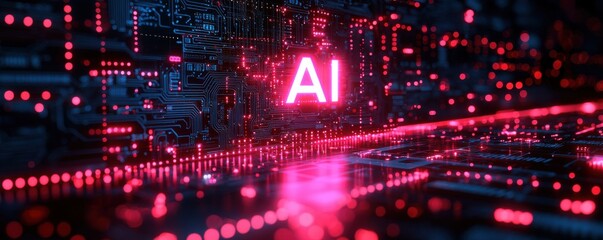 Poster - Neon AI icon in futuristic digital circuit design with glowing red technology