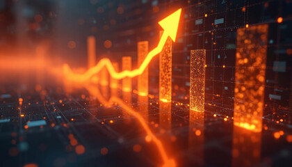 Poster - Dynamic bar graphs illustrate financial futures contracts, with upward arrow growth. Tech-driven visualization conveys market data, finance, investment strategy, performance analysis. Modern design