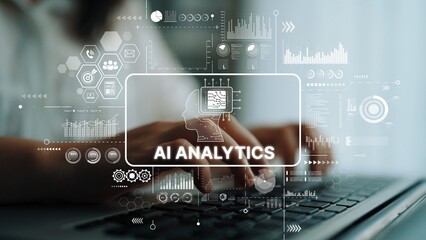 Poster - Futuristic AI Analytics Technology Concept with Data Visualization and User Interaction on Keyboard. Asymptotic smart data analytic.