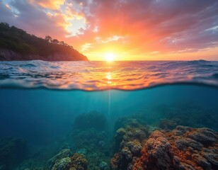 Poster - Sunset over ocean. Underwater perspective of coral reef, waves. Calm, serene marine life ecosystem with colorful aquatic scenery. Tranquil, peaceful atmosphere, adventure in paradise, journey.