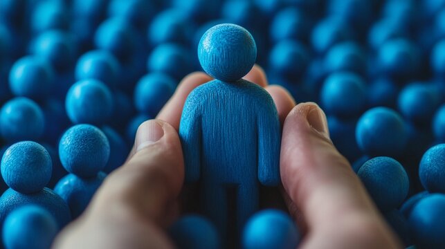 Colorful blue figures represent individuality and community, emphasizing the importance of connection in a sea of similar shapes surrounding a standout figure of hope and inspiration.