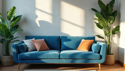 Poster - Blue velvet sofa sunny interior with houseplants. Wooden table decorates scene. Stylish living room design with window light, shadows. Modern, minimalist, peaceful ambiance. Cozy comfortable soft
