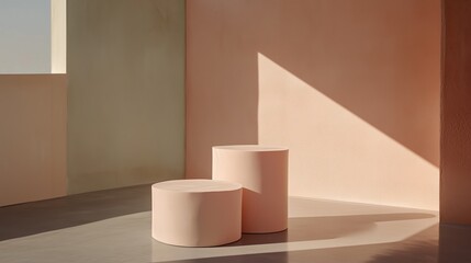Poster - Modern minimalist interior with round platforms and soft lighting in pastel colors at golden hour