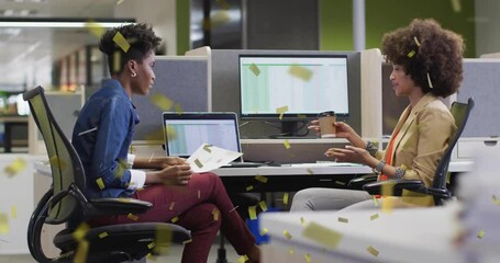 Poster - Woman glancing laptop screen starting confetti drifting around two women discussing business charts