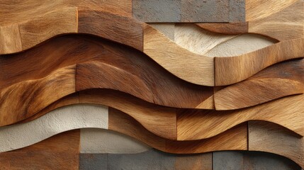 Poster - Intricate wood panel design showcases flowing wave patterns in various warm tones. The texture creates a striking visual effect, enhancing modern interior aesthetics.