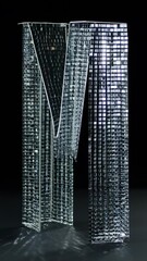 Aufkleber - Sculptural Urban: This architectural piece showcases two towering forms, one partially draped in a geometric curtain of reflective materials, exuding a blend of modern design and artistic expression.