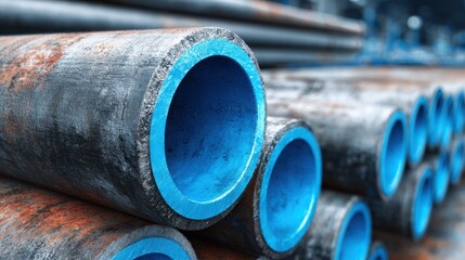 Poster - Close-up of several metal pipes with distinct blue edges, neatly arranged in a factory.