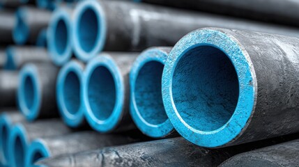 Poster - A detailed close-up of industrial pipes neatly stacked in a warehouse. The pipes have a blue interior and dark metallic exterior, reflecting bright light during daytime.