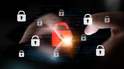 Poster - Digital security concept illustrating a cybersecurity breach, with a red unlocked padlock indicating data exposure among secure systems, emphasizing system vulnerability and risk Latch