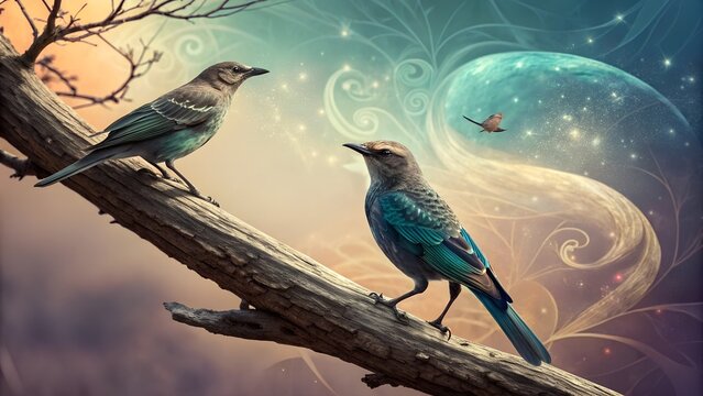 birds perched on branch abstract background