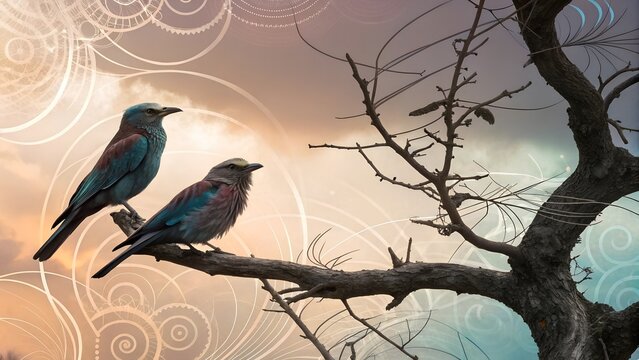 birds perched on branch abstract background