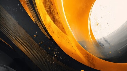 Poster - Black and orange abstract painting with a white background. The painting has a lot of texture and seems to be a representation of a vortex or a swirling pattern