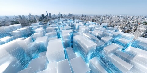 Aufkleber - Cityscape with a lot of buildings and a blue sky. The buildings are made of cubes and are scattered throughout the city. The sky is clear and bright, giving the impression of a sunny day
