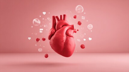 Aufkleber - Stylized Heart Organ Design With Gradient Red and Floating Health Icons Expressing Wellness and Vitality