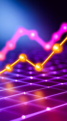 Poster - Line chart illustrating upward trend with glowing data points. Abstract digital interface creates engaging visual environment with soft grid and neon accents