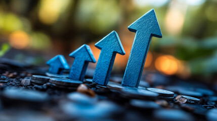 Poster - Blue upward arrows on coins symbolizing financial growth investment success increasing business profit concept close up macro image with shallow depth of field and natural background