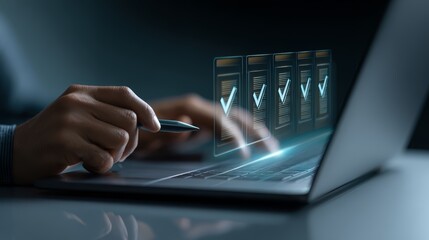 Aufkleber - Person is using a laptop with a pen on it. The laptop screen shows a series of check marks