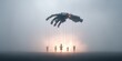 © panumas - Group of children are holding onto a puppet that is being pulled by a giant hand. The scene is set in a foggy, mysterious atmosphere