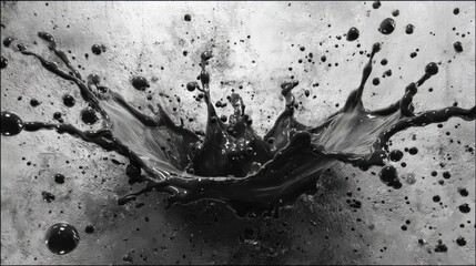 Poster - A vibrant splash of black liquid bursts against a textured surface, creating a dramatic display of movement. The droplets fly in various directions, emphasizing energy and fluidity.