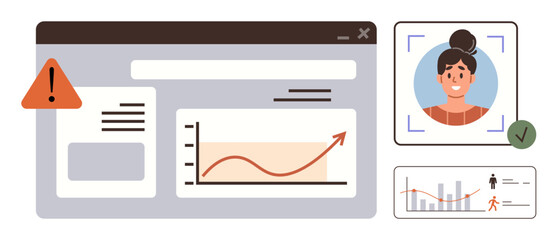 Poster - Analytics dashboard with growth chart, alert icon, verified user profile, and demographic graph. Ideal for technology, business, security, marketing management analysis growth dynamics. Simple
