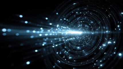Fototapete - Bright streaks of blue light spiral outward from a central point in a dark space, creating a sense of depth and movement. The luminous particles resemble stars in a galaxy.