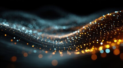 Fototapete - Bright particles flow smoothly in wavy patterns, blending shades of blue and orange against a dark background. The luminous effect creates a captivating and dynamic atmosphere.