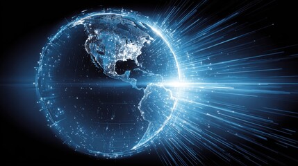 Poster - A glowing digital portrayal of Earth showcases landmasses highlighted in blue light, creating a sense of motion and connectivity. This artistic representation emphasizes a modern view of the planet.