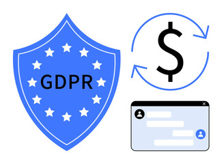 Poster - GDPR compliance shield with stars, dollar sign in a circular arrow cycle, and a user interface with messages. Ideal for privacy, data security, legal policies, communication, currency flow