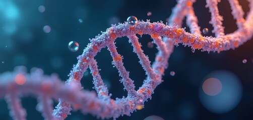 Poster - Detailed DNA strand on fluid background. Genetic research science theme. Helix structure, gene, chromosome, discovery, innovation, medicine, health, biotechnology, pharmaceutical. Analysis, therapy,