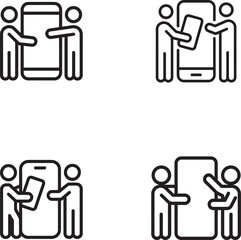 Fototapete - Four simple line icons showing people interacting with smartphones silhouette