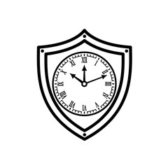 Poster - A black and white illustration of a shield with a clock face inside showing the time at ten past two
