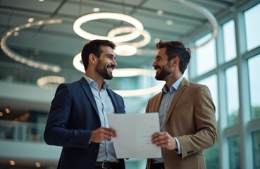 Poster - Two successful business partners hold agreement document, smiling. Men in formal suits discuss contract, partnership. Businessmen at convention center, collaboration, teamwork. Positive work