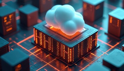Poster - Cloud computing concept. Data center servers, network technology. Cloud-shaped icon on top of server, servers around. Global data storage, cyberspace, modern digital infrastructure. Concept for