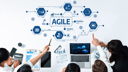 Aufkleber - A modern workspace depicting an agile team actively engaged in collaborative planning and analysis. Tools and visual aids enhance data-driven decision-making. Amity