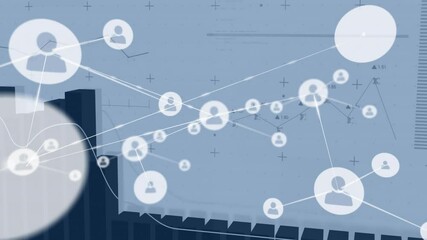 Poster - On bar chart rising, circular avatar nodes emerging and linking while visualizing expanding network