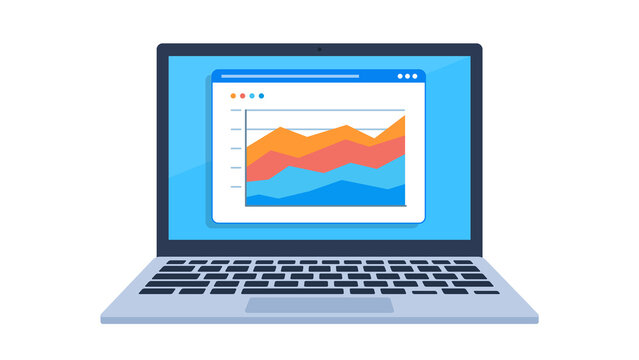 Laptop with data. Stock chart on a website on a laptop screen. Illustration graphics in flat design style. Chart with marketing results. 