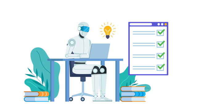 Robot working on laptop and filling out document. Checklist with completed tasks. Illustration graphics in flat design style. Artificial intelligence at work. Light bulb with an idea.