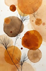 Poster - Modern abstract watercolor illustration featuring fluid shapes in warm brown, orange tones, minimalist line art. Artistic background for decor, print, wallpaper, poster, print, decoration. Trendy