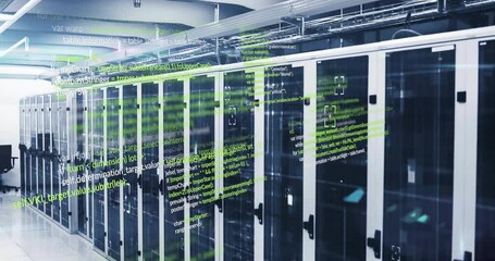 Poster - Neon green code materializing over server cabinets, cascading then scrolling simulating processing