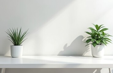 Poster - Minimalist interior features white desk with two potted plants against white wall. Plants add freshness, natural decor. Clean design. Ideal for modern home, office, workspace. Minimalist lifestyle,
