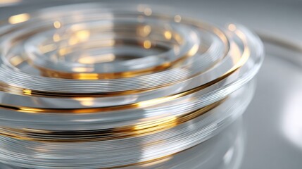 Poster - A series of gold and clear beads are arranged in a spiral pattern. The beads are shiny and reflective, giving the impression of movement and energy. Scene is one of elegance and sophistication
